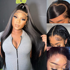 Miss Flower 26-inch virgin Brazilian hair lace front wig, close-up showing full volume.