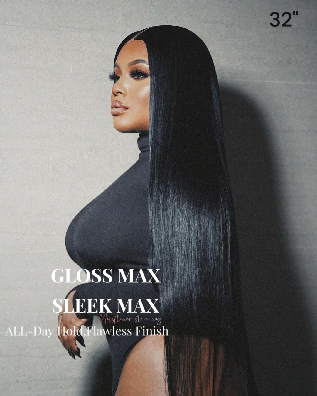 Miss Flower silky straight 26-inch hair offers smooth, full-volume movement.