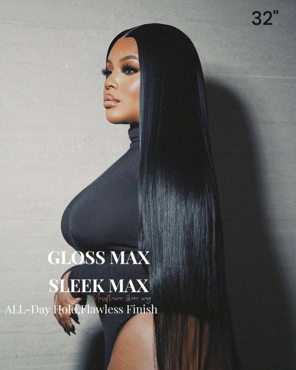Miss Flower silky straight 26-inch hair offers smooth, full-volume movement.