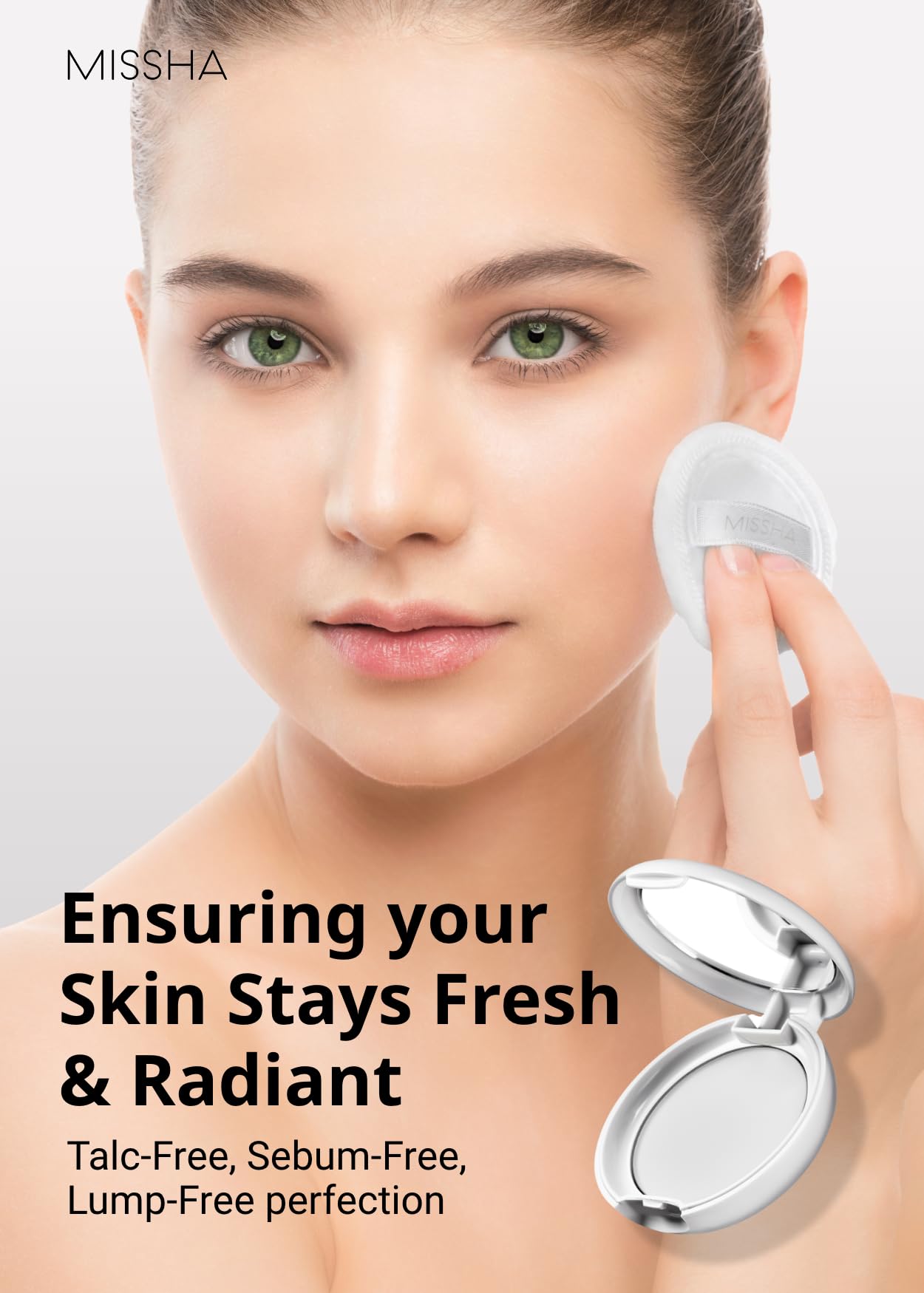 MISSHA Airy Pot pressed powder natural matte finish on skin for a seamless look.