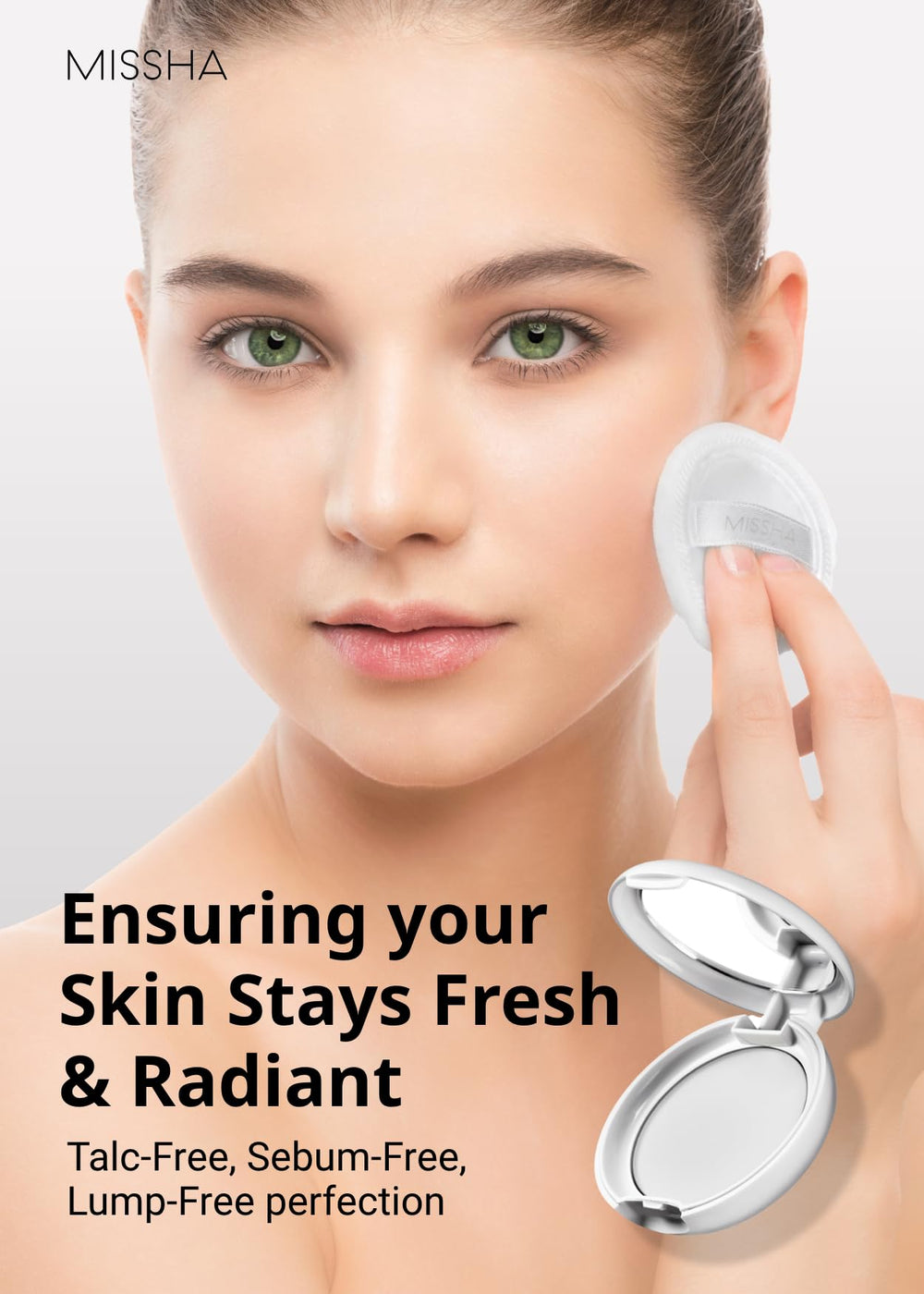 MISSHA Airy Pot pressed powder natural matte finish on skin for a seamless look.