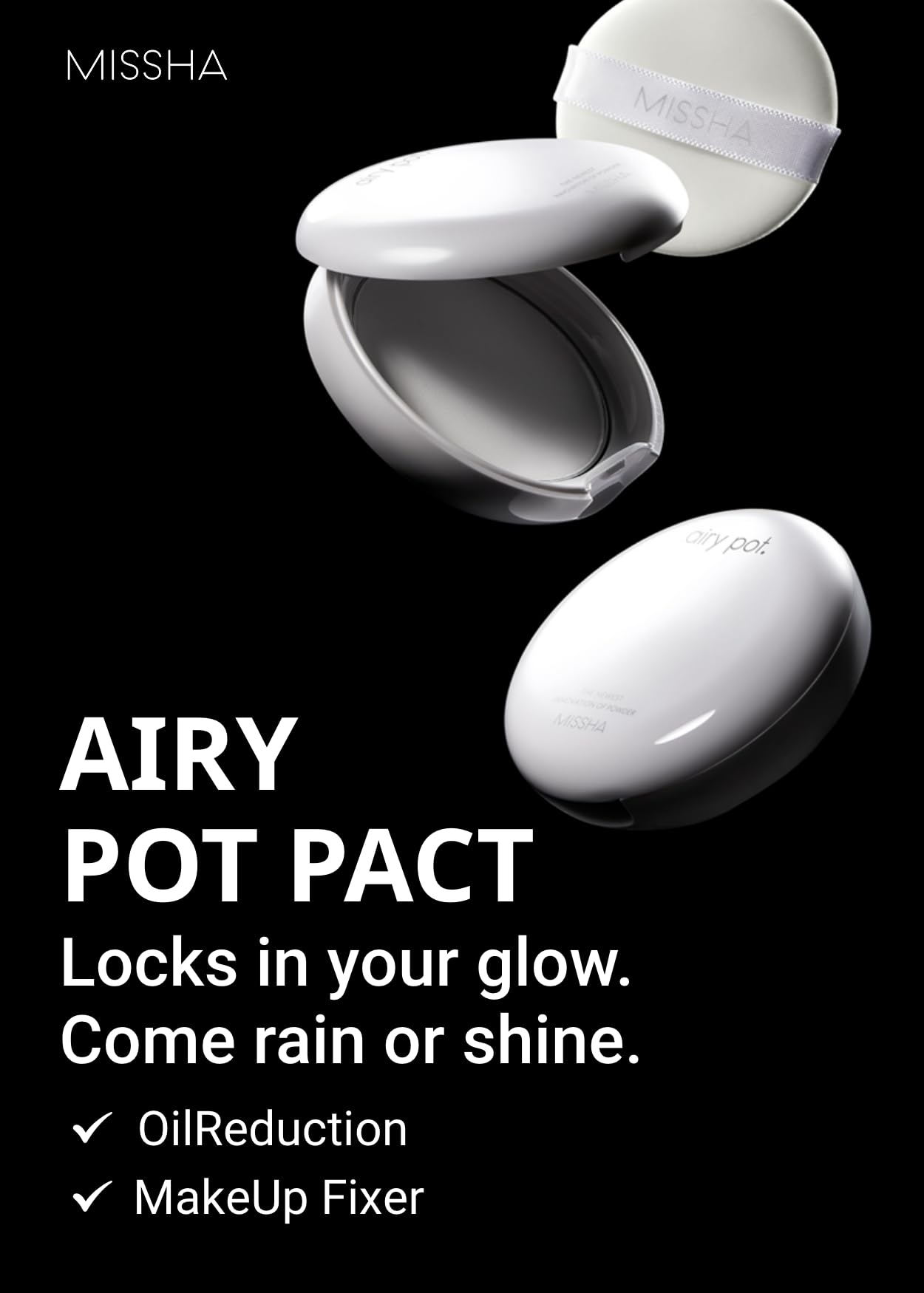 MISSHA Airy Pot pressed powder silky texture close-up highlights ultra-light formula.