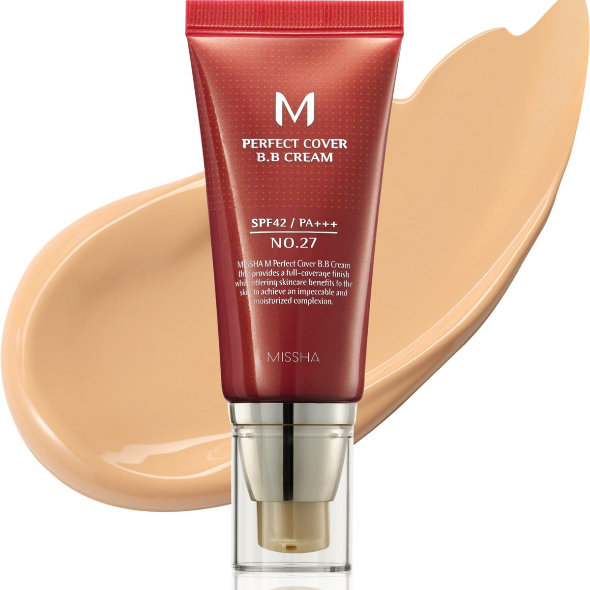 Missha M Perfect Cover BB Cream No.27 Honey Beige bottle shows SPF 42 protection for daytime wear.