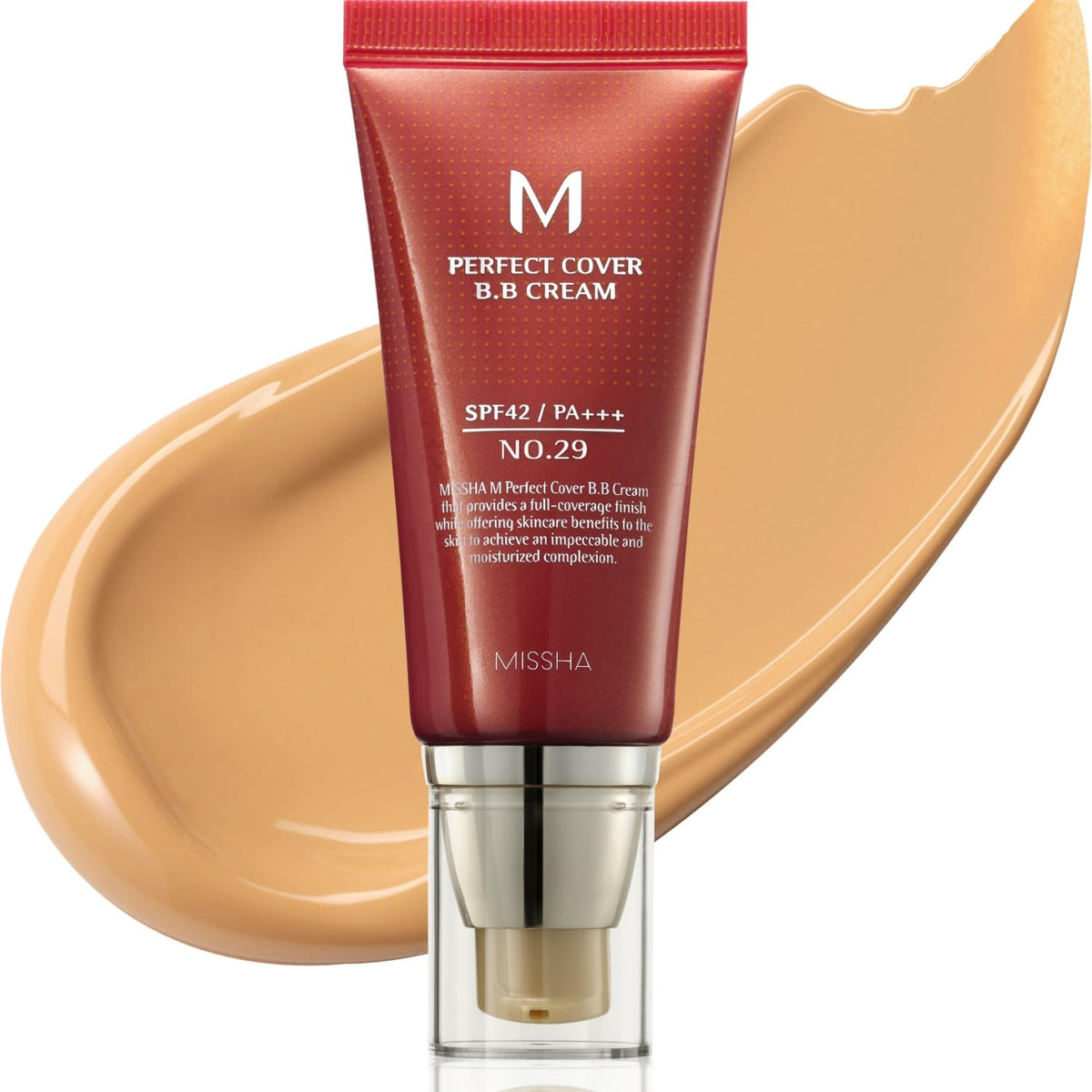 MISSHA M Perfect Cover BB Cream No.29 caramel-beige tube closeup shows creamy texture for smooth application.