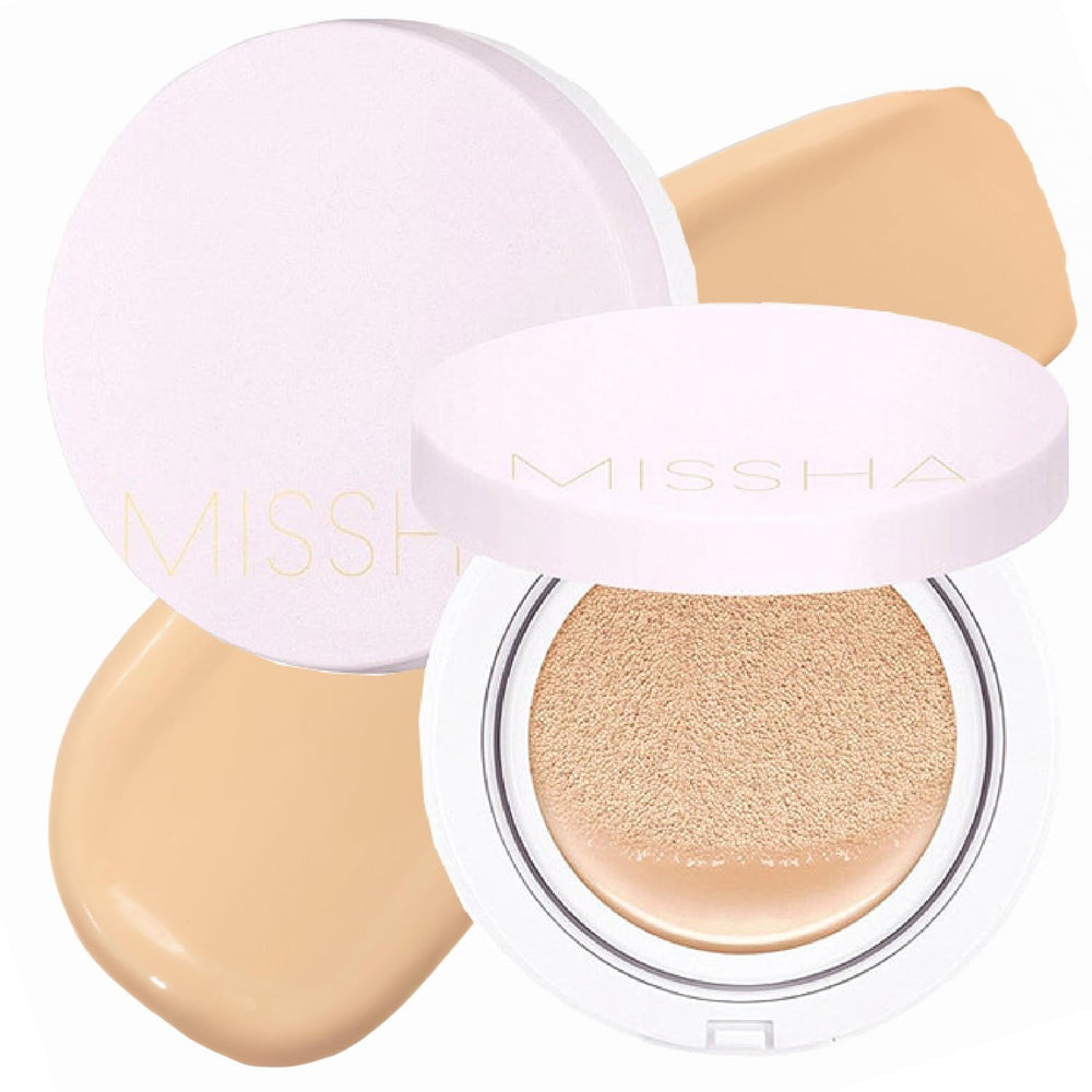 MISSHA Magic Cushion Foundation No.23 compact demonstrates portable coverage for on-the-go touchups.