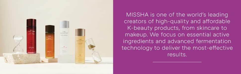 MISSHA Time Revolution First Essence 5X packaging-box display highlights all-skin-type compatibility.