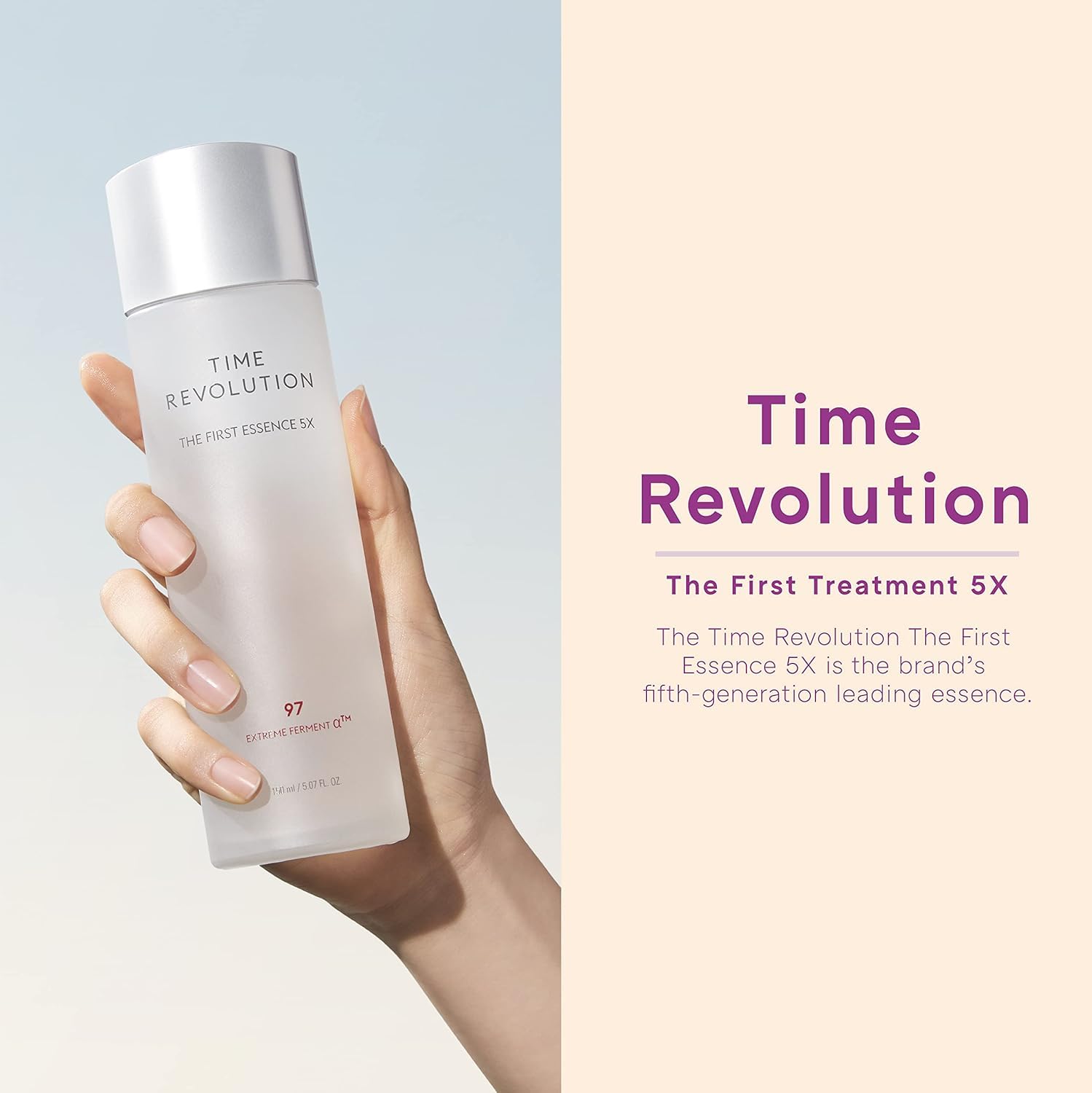 MISSHA Time Revolution First Essence 5X bottle shown in palm for quick skin hydration.