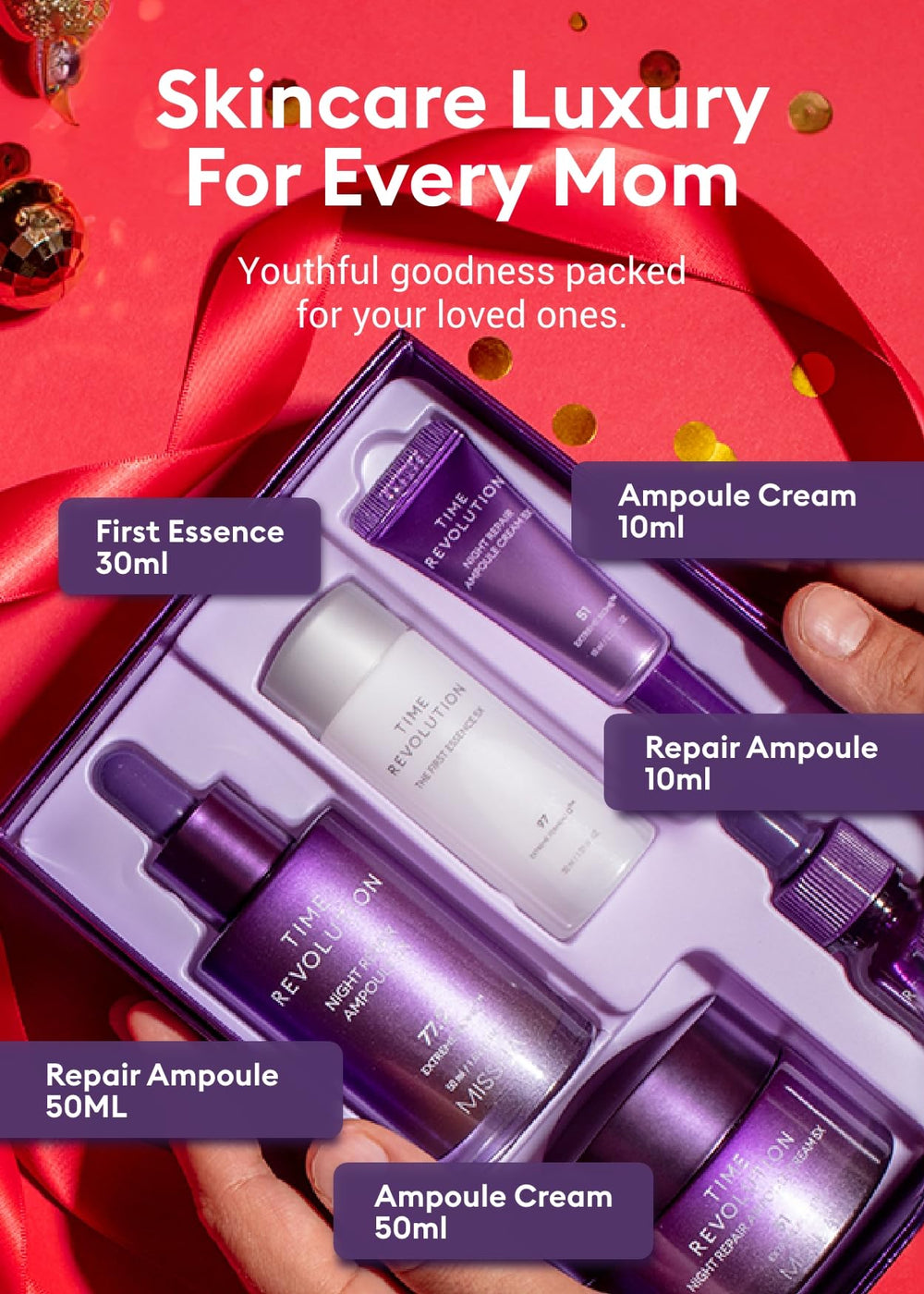 MISSHA Time Revolution Night Repair 5X gift-set display highlights contents