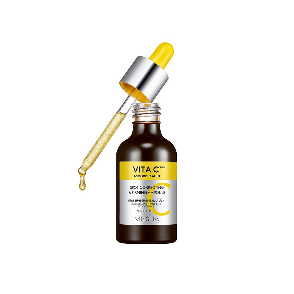 MISSHA Vita C Plus ampoule bottle closeup showing premium vitamin C delivery for brighter skin