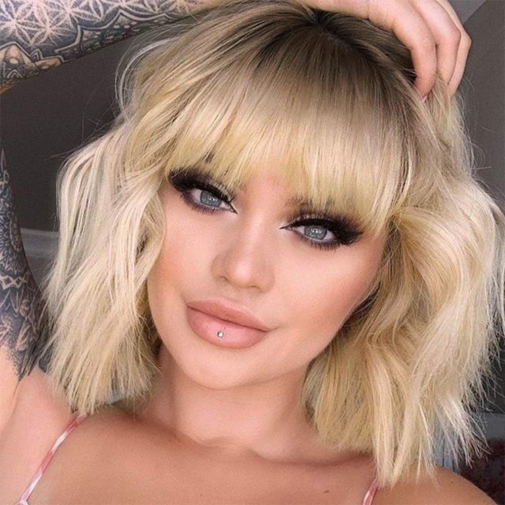 MISSQUEEN peluca rubia corta con franja ondulada para uso diario y look natural