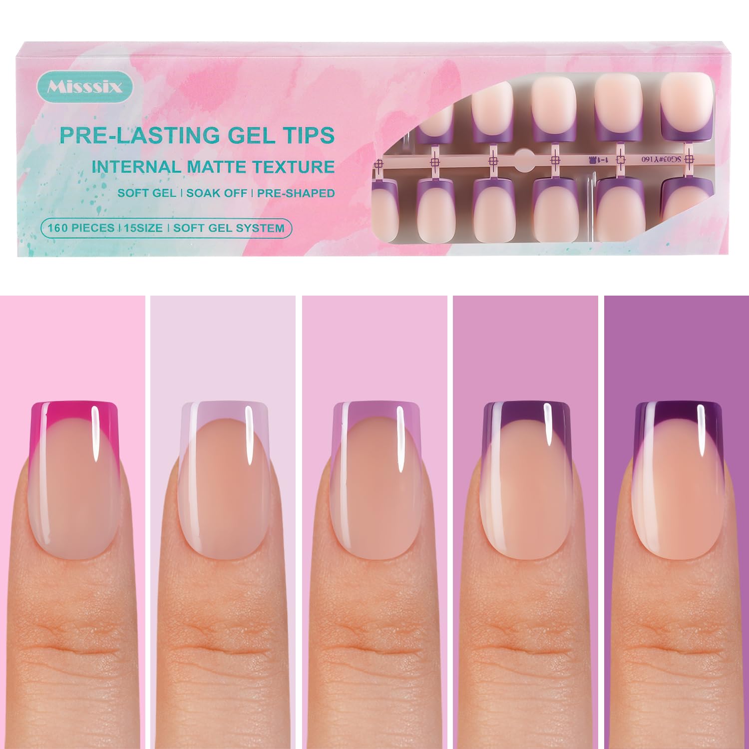 Misssix French Gel Nail Tips 160Pcs purple pack for quick DIY nail art