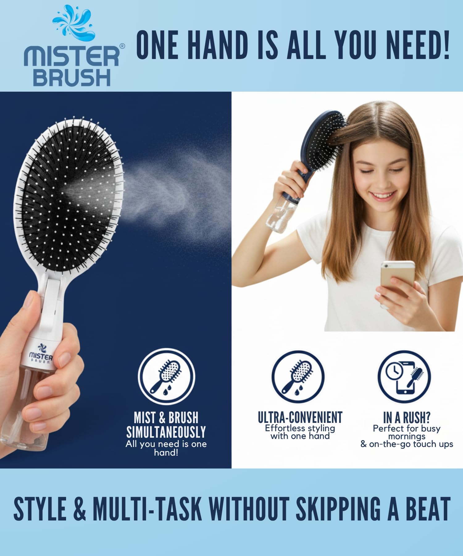Mister Brush hair-styling use white demonstrates even mist for styling