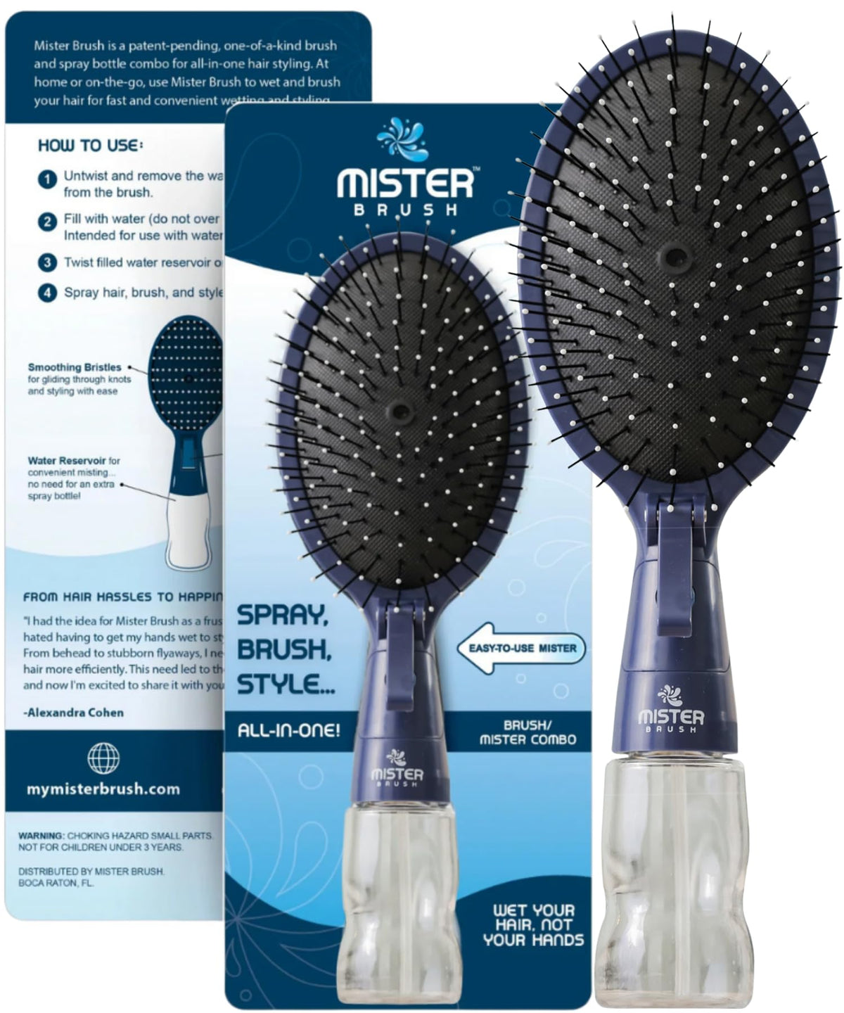 Mister Brush Navy all-in-one brush for quick hair styling with a built-in mister.
