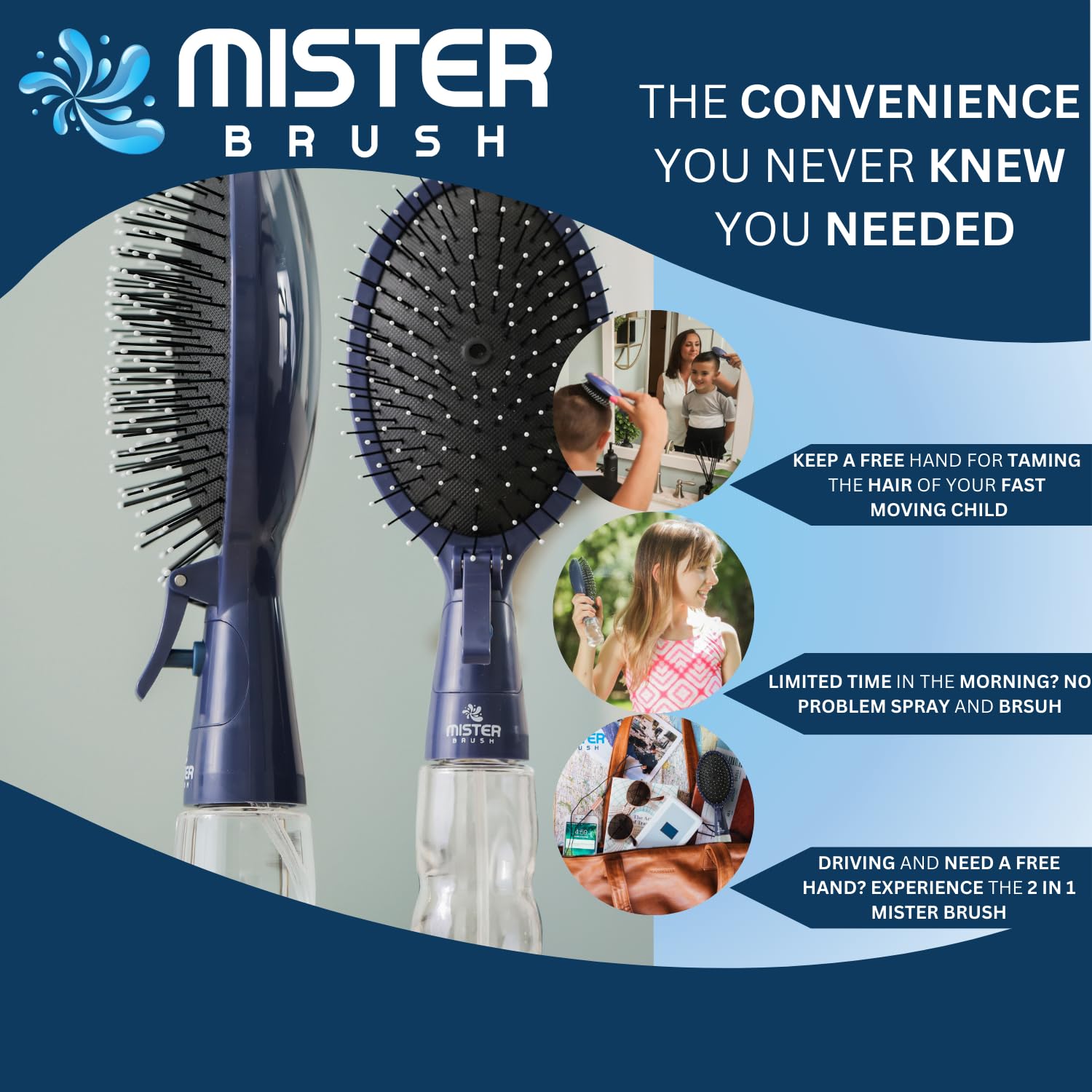 Mister Brush pink hair-styling in-use for convenient 2-in-1 efficiency
