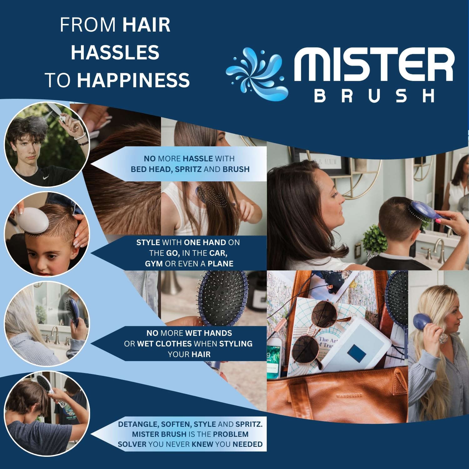 Mister Brush pink spray nozzle demonstrates even mist for refreshing hair