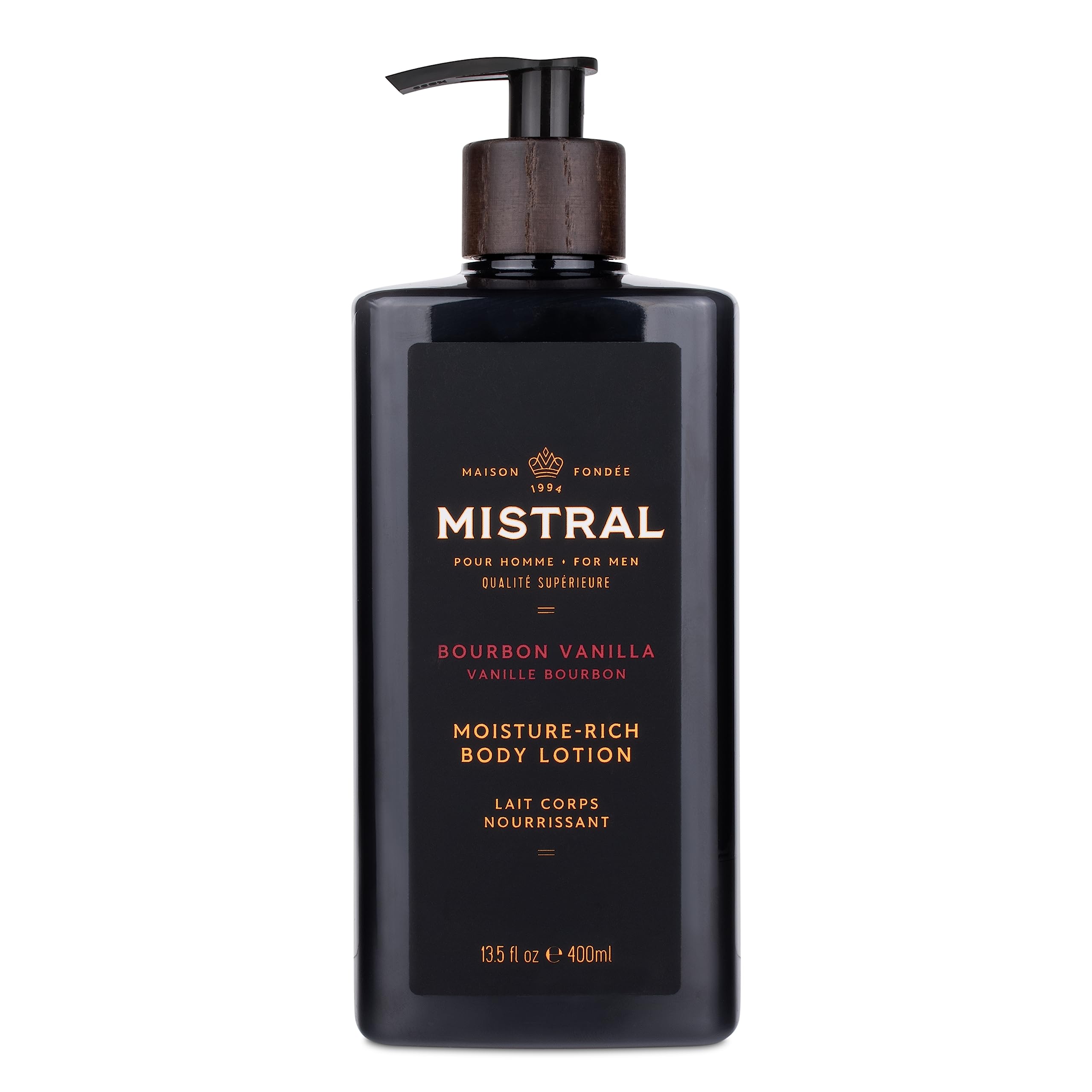Mistral Bourbon Vanilla Body Lotion bottle front shows premium men's moisturizer for daily hydration.
