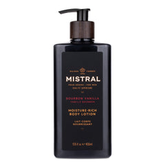Mistral Bourbon Vanilla Body Lotion bottle front shows premium men's moisturizer for daily hydration.