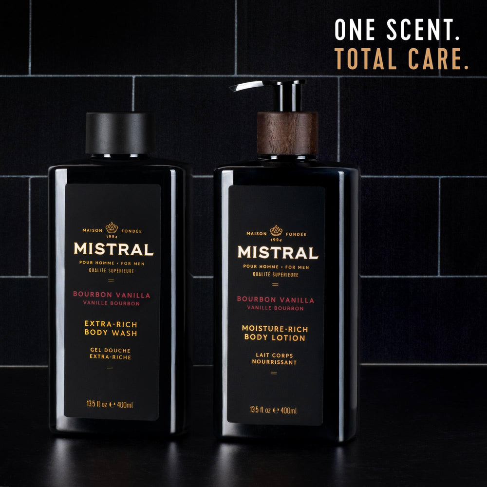 Mistral Bourbon Vanilla Body Lotion label highlights clean, natural formula ideal for sensitive skin.