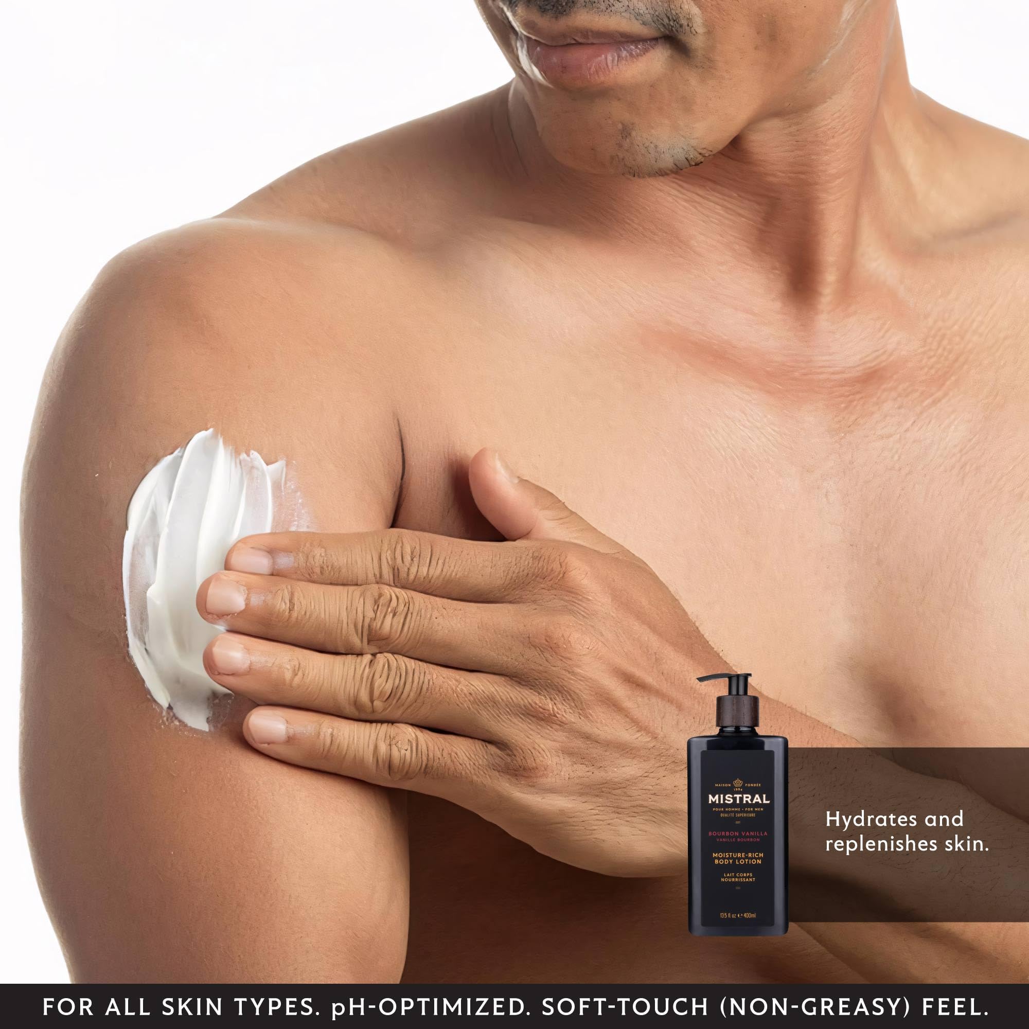 Mistral Bourbon Vanilla Lotion texture closeup emphasizes fast-absorbing, non-greasy feel after shower.