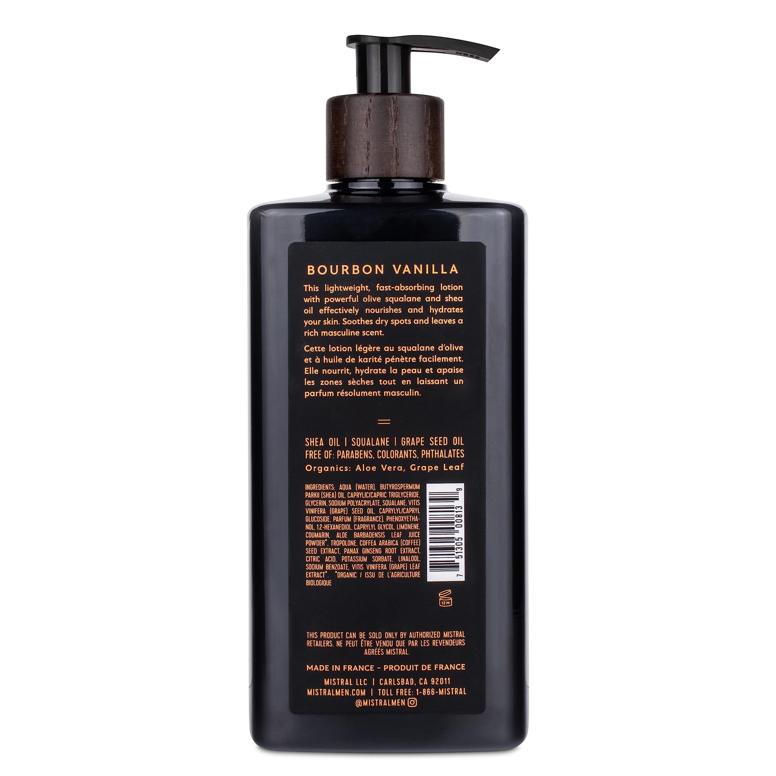Mistral Bourbon Vanilla Body Lotion dispensing pump demonstrates easy, mess-free daily application.
