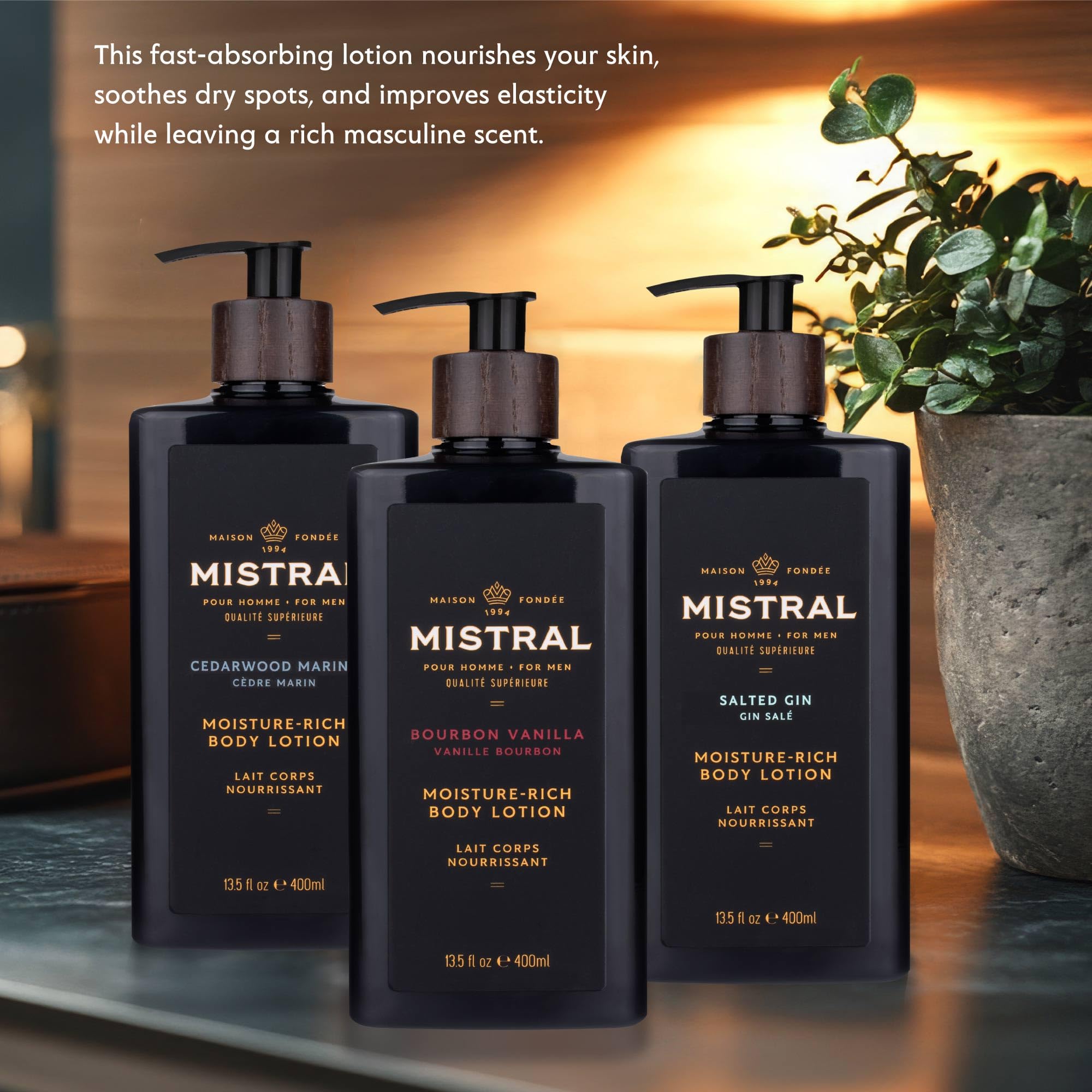 Mistral masculine scent visual note conveys bourbon vanilla aroma with smoked oak and tobacco hints.