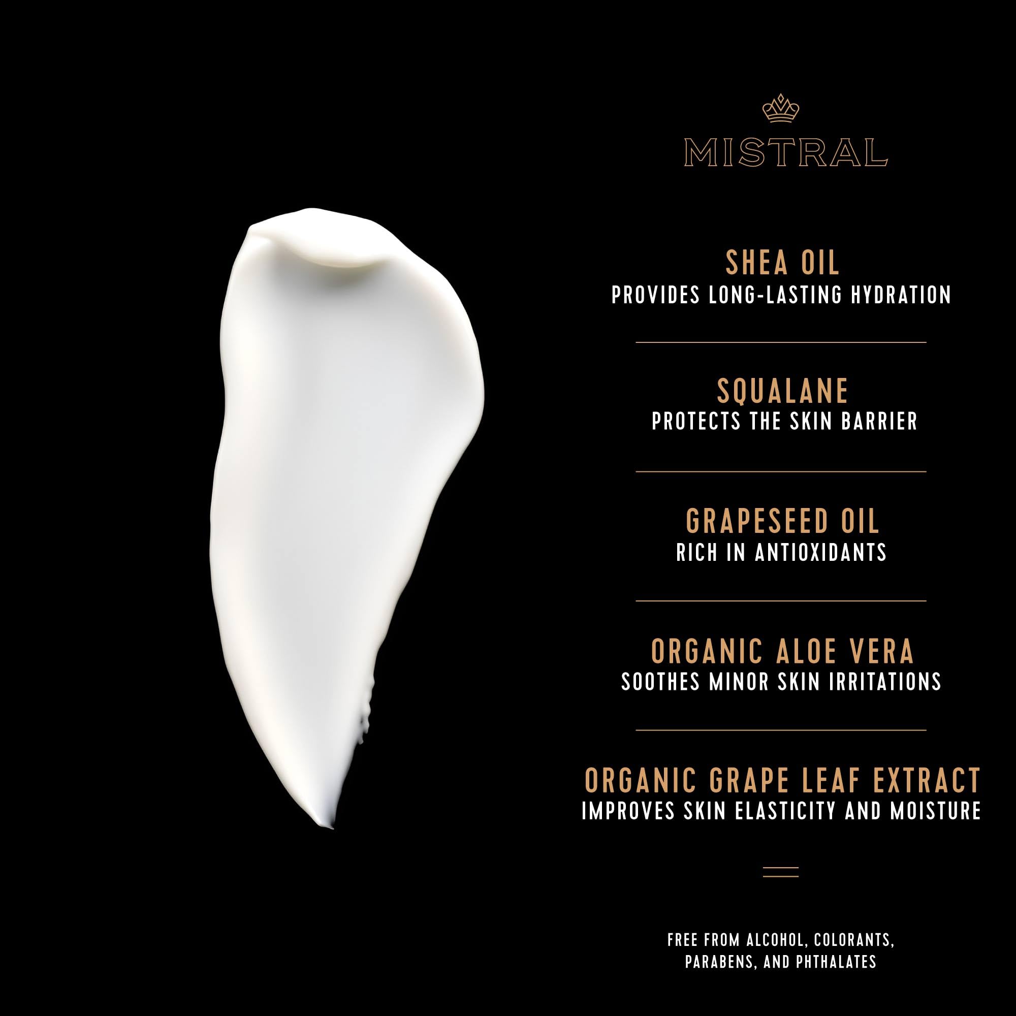 Mistral olive-derived-squalane ingredient image highlights skin-softening hydration and barrier support.
