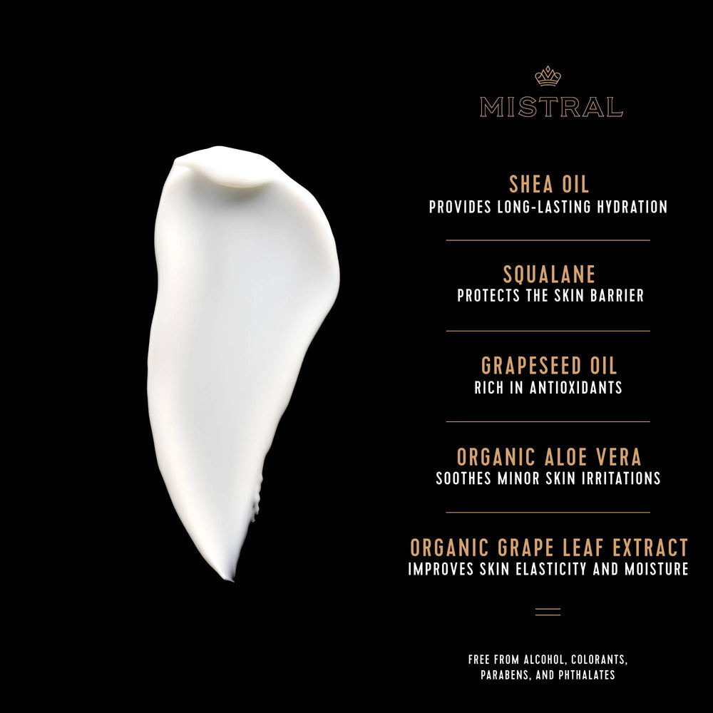 Mistral olive-derived-squalane ingredient image highlights skin-softening hydration and barrier support.