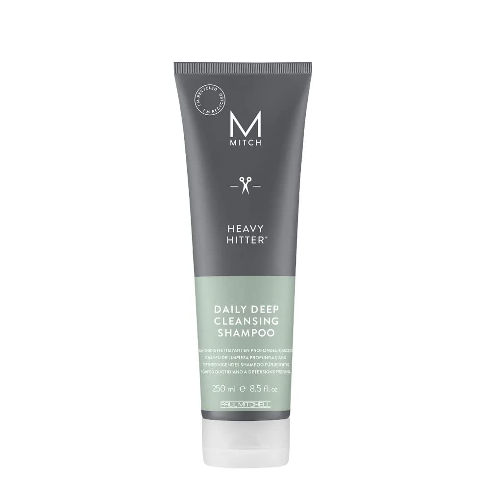 MITCH Heavy Hitter shampoo bottle shows a powerful daily clean.