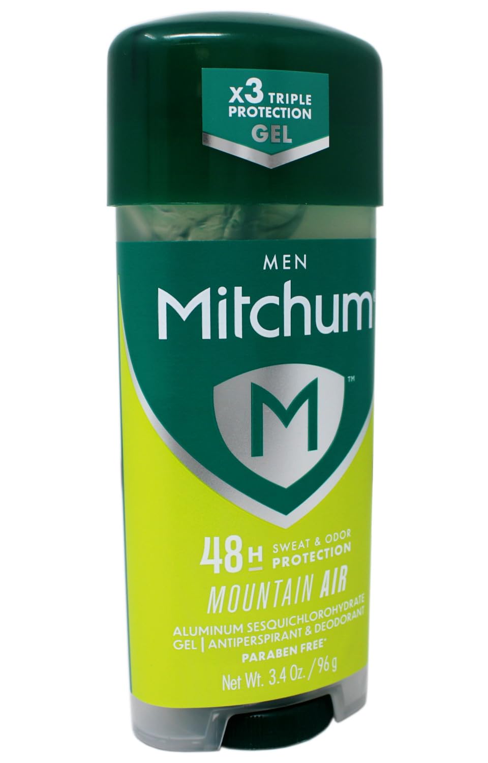 Mitchum Mountain Air gel deodorant being applied underarm for quick-dry freshness.