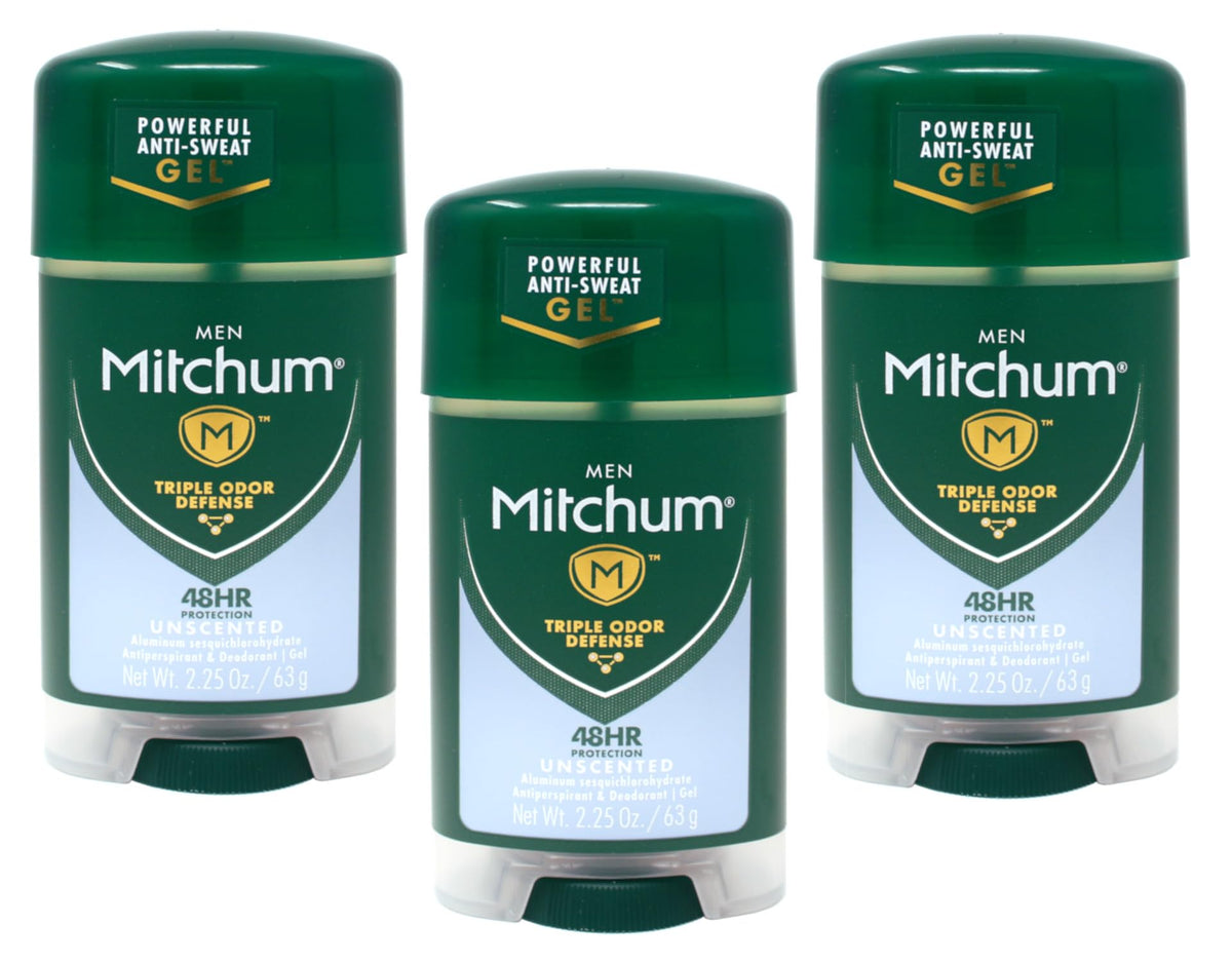 Mitchum clear gel unscented for men, three-pack, front view for everyday protection.