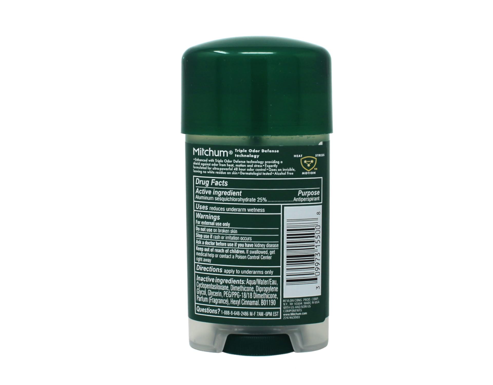 Label close-up highlights unscented formula on Mitchum anti-perspirant.