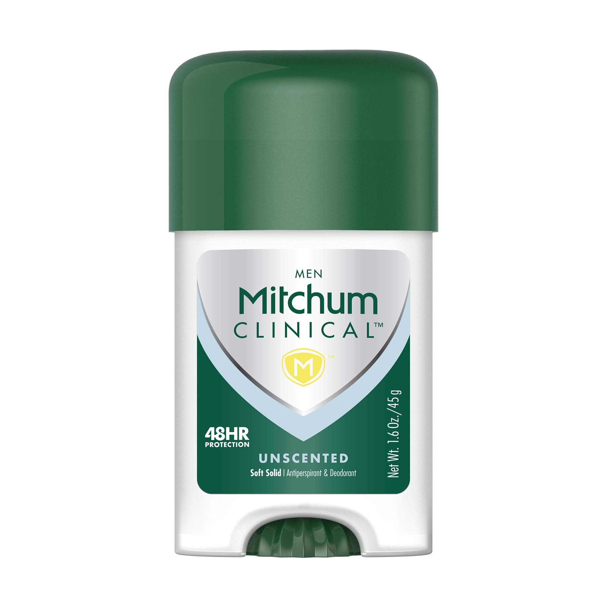 Mitchum Clinical Soft Solid Deodorant Stick packaging close-up highlights easy-to-use design.