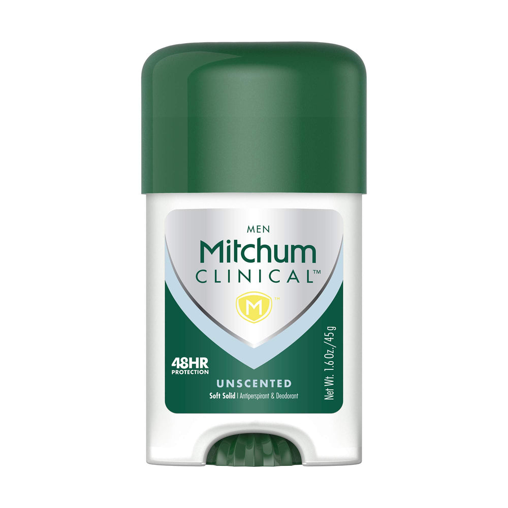 Mitchum Clinical Soft Solid Deodorant Stick packaging close-up highlights easy-to-use design.