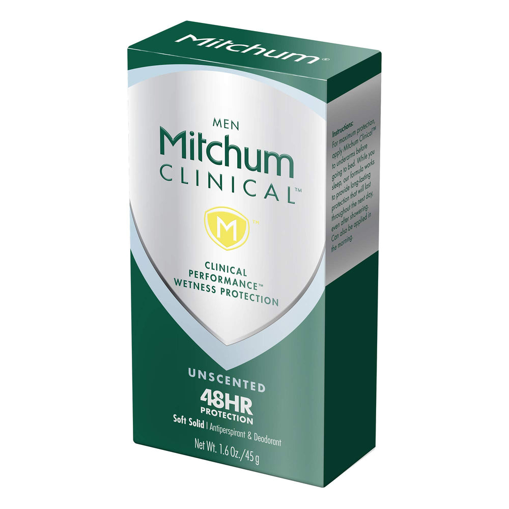 Mitchum Clinical Soft Solid Deodorant Stick scent options close-up shows three subtle scents.