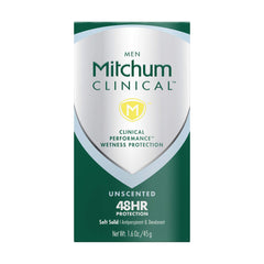 Mitchum Clinical Soft Solid Deodorant Stick unscented close-up shows unscented protection.