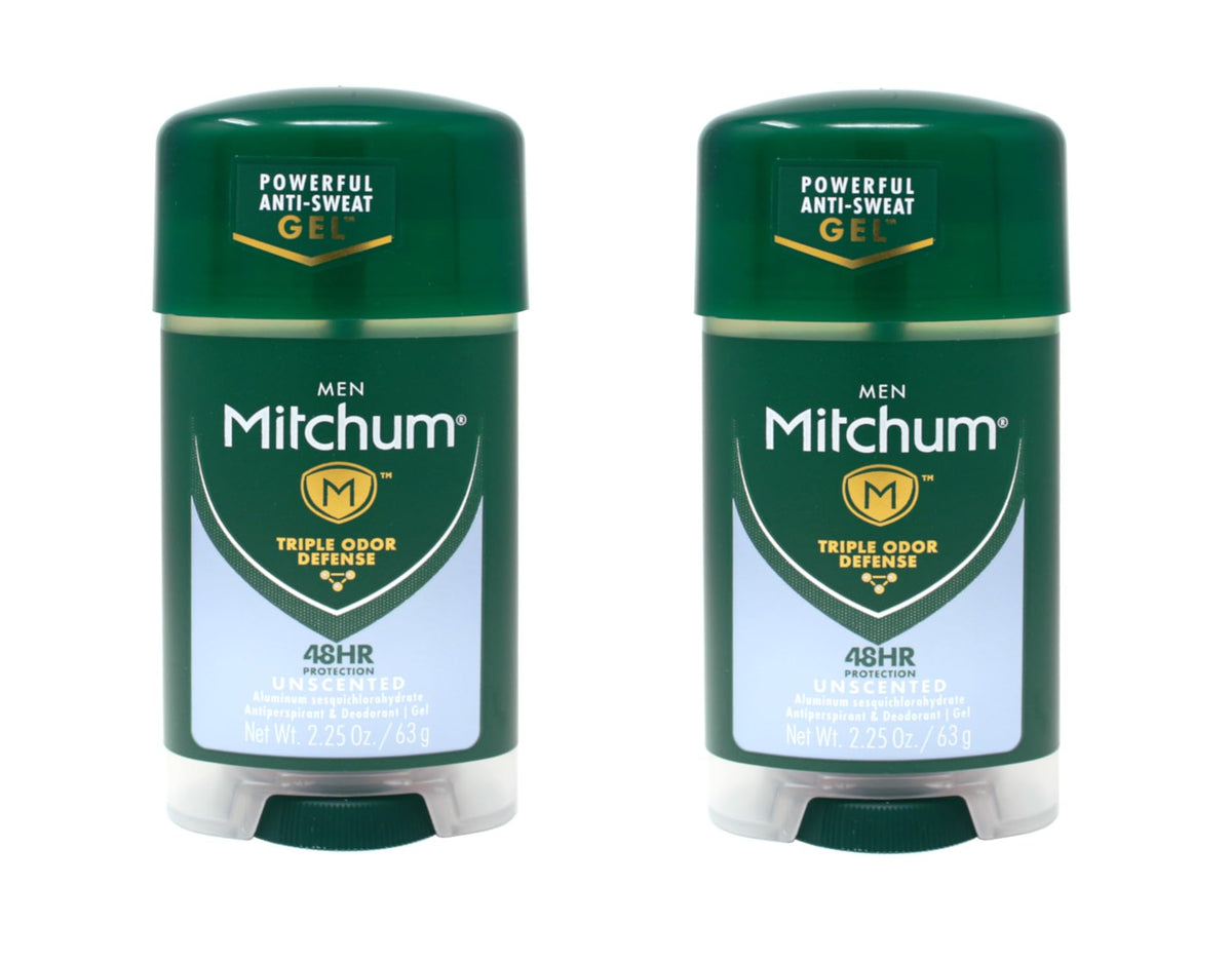 Mitchum Deodorant Gel Unscented 2-Pack pack shot highlighting value and compact design