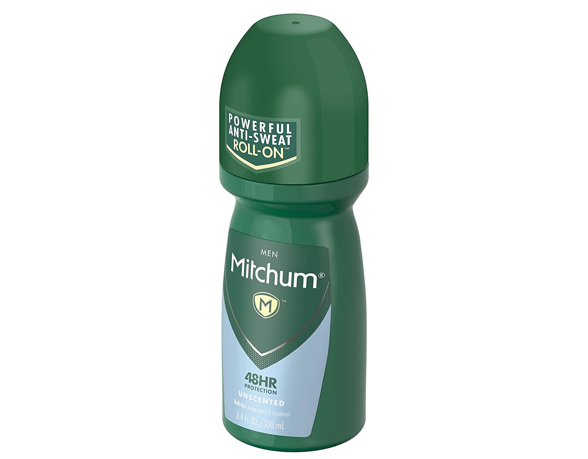 Dermatologist-tested Mitchum Unscented label displayed for sensitive-skin suitability.