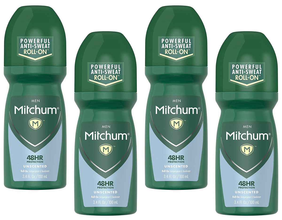 Mitchum invisible unscented roll-on bottle in a 4-pack showing long-lasting protection.