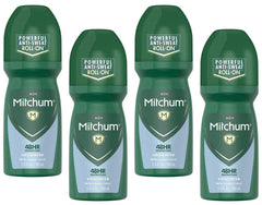 Mitchum invisible unscented roll-on bottle in a 4-pack showing long-lasting protection.