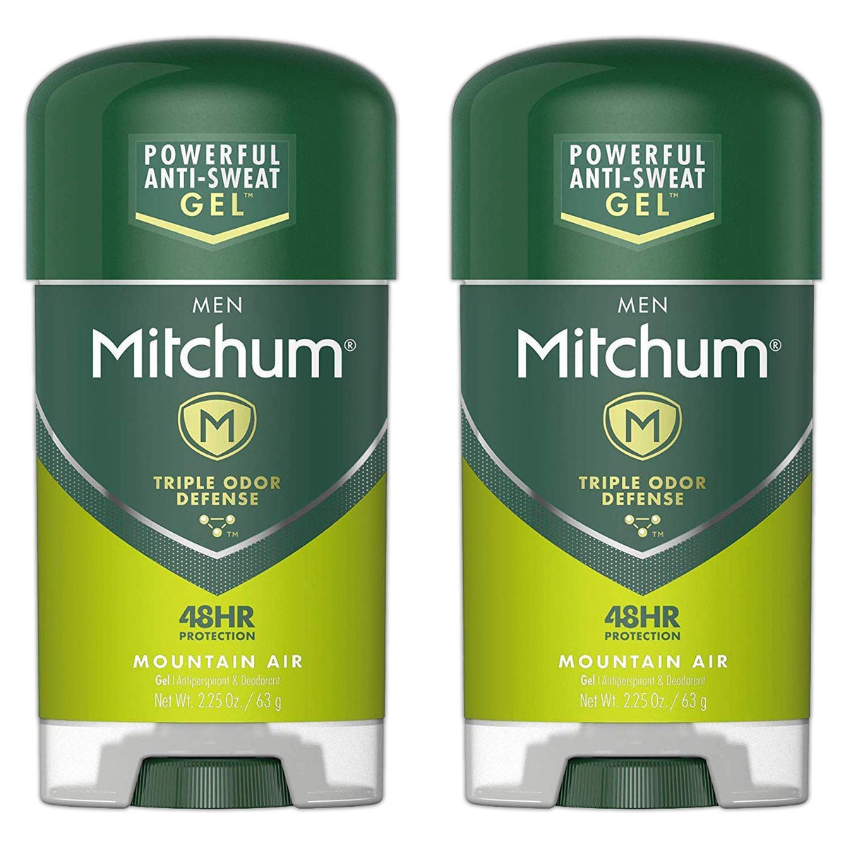 Mitchum Mountain Air clear gel packaging with a 2-pack display and long-lasting protection.