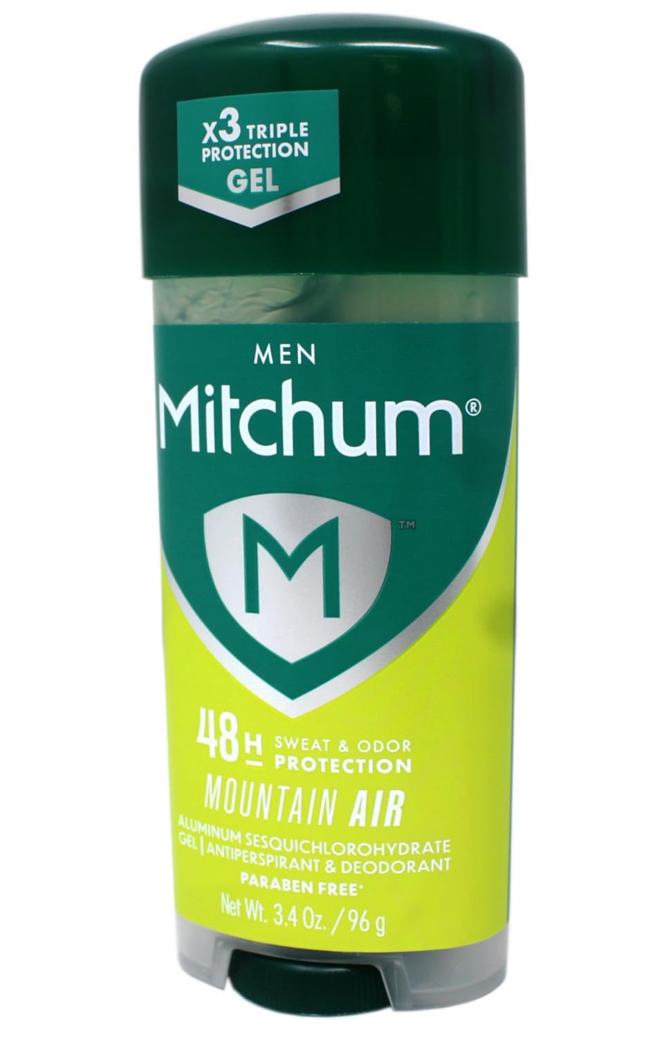 Mitchum Mountain Air gel deodorant 3.4 oz bottle close-up for everyday use.