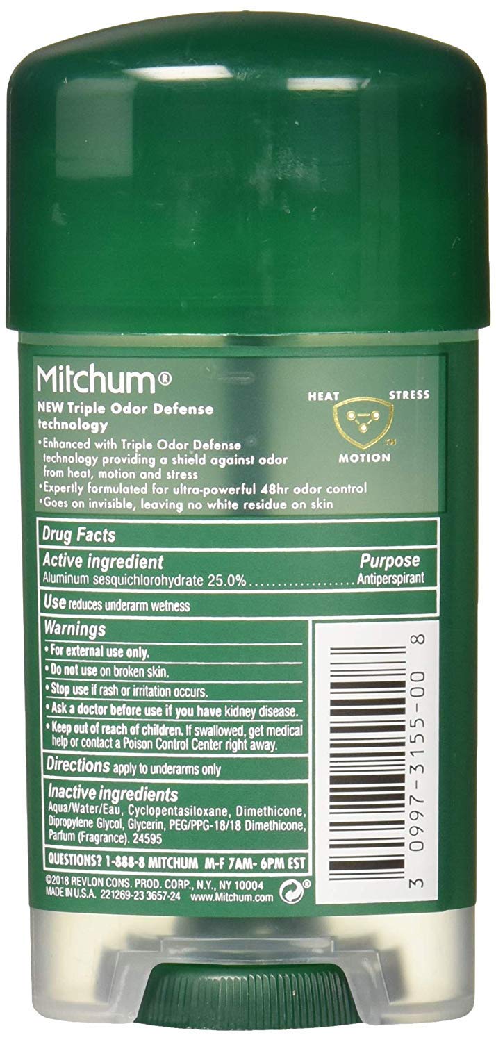 Mitchum Power Gel Unscented anti-perspirant suggests long-lasting protection claim.