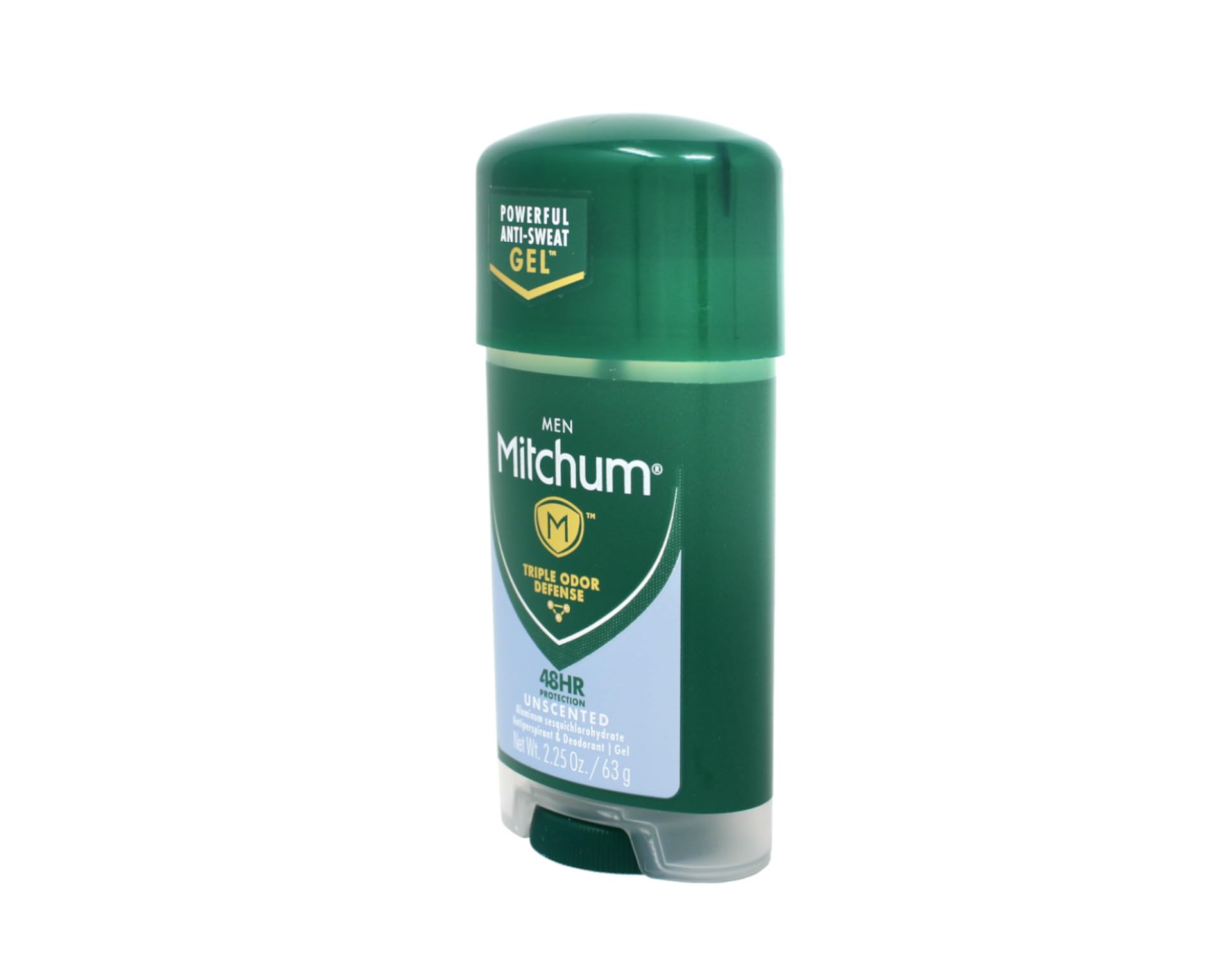 Mitchum Power Gel Unscented packaging with three-pack display on a counter.
