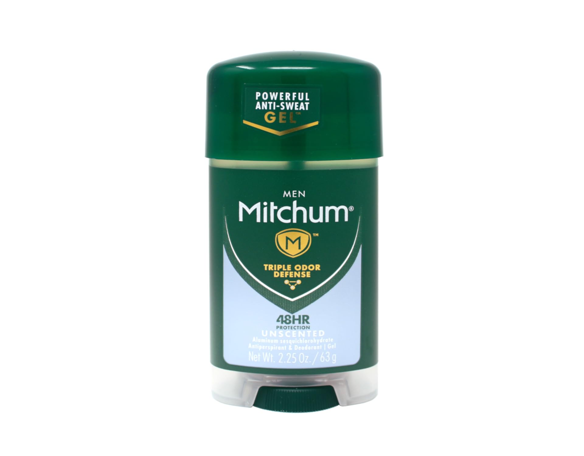 Mitchum Power Gel Unscented tube being applied for fast-drying, residue-free protection.