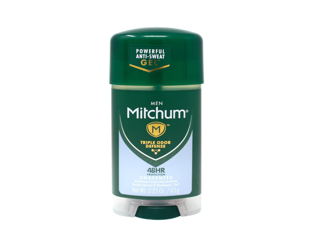 Mitchum Power Gel Unscented tube being applied for fast-drying, residue-free protection.