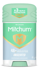 Mitchum Unscented Stick 41g offers long-lasting odor defense during workouts.