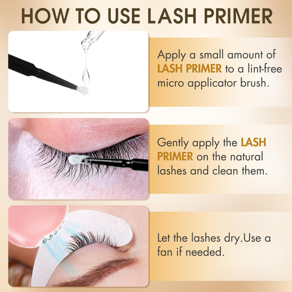 Miuffue Lash Primer close-up indicates safe use and eye-closed technique.