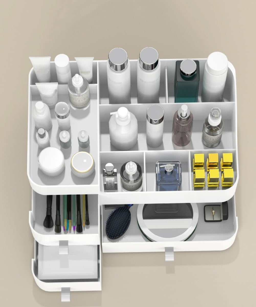 MIUOPUR white makeup organizer on bathroom counter for skincare access.