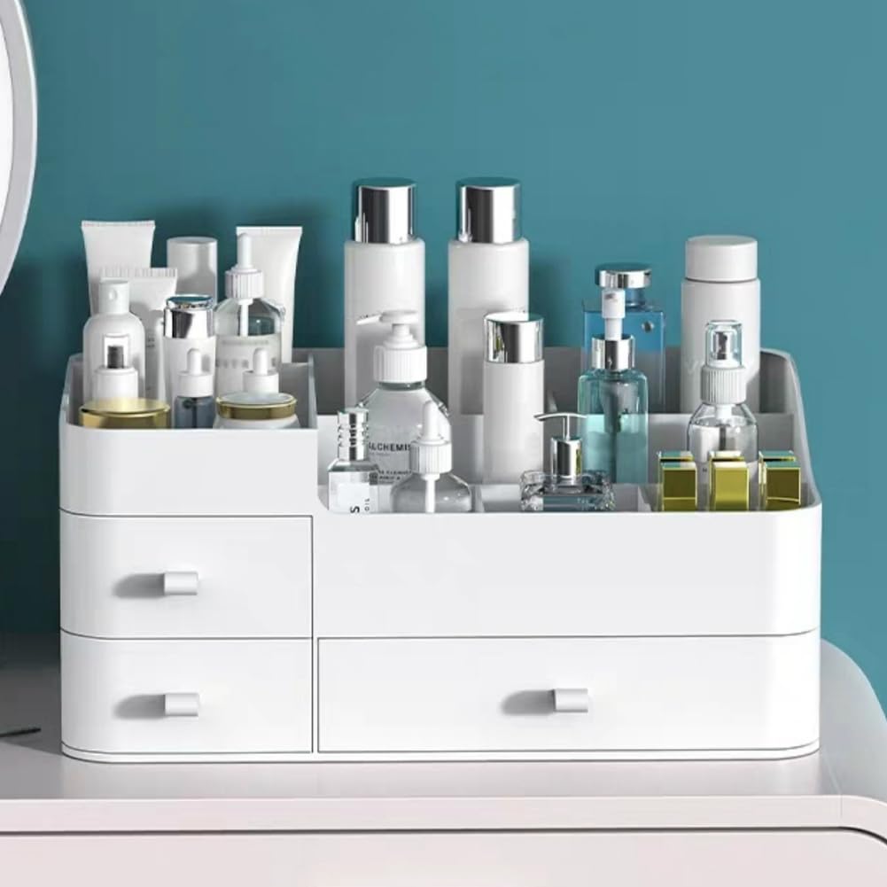 MIUOPUR white makeup organizer on vanity with 3 drawers for easy cosmetics access.
