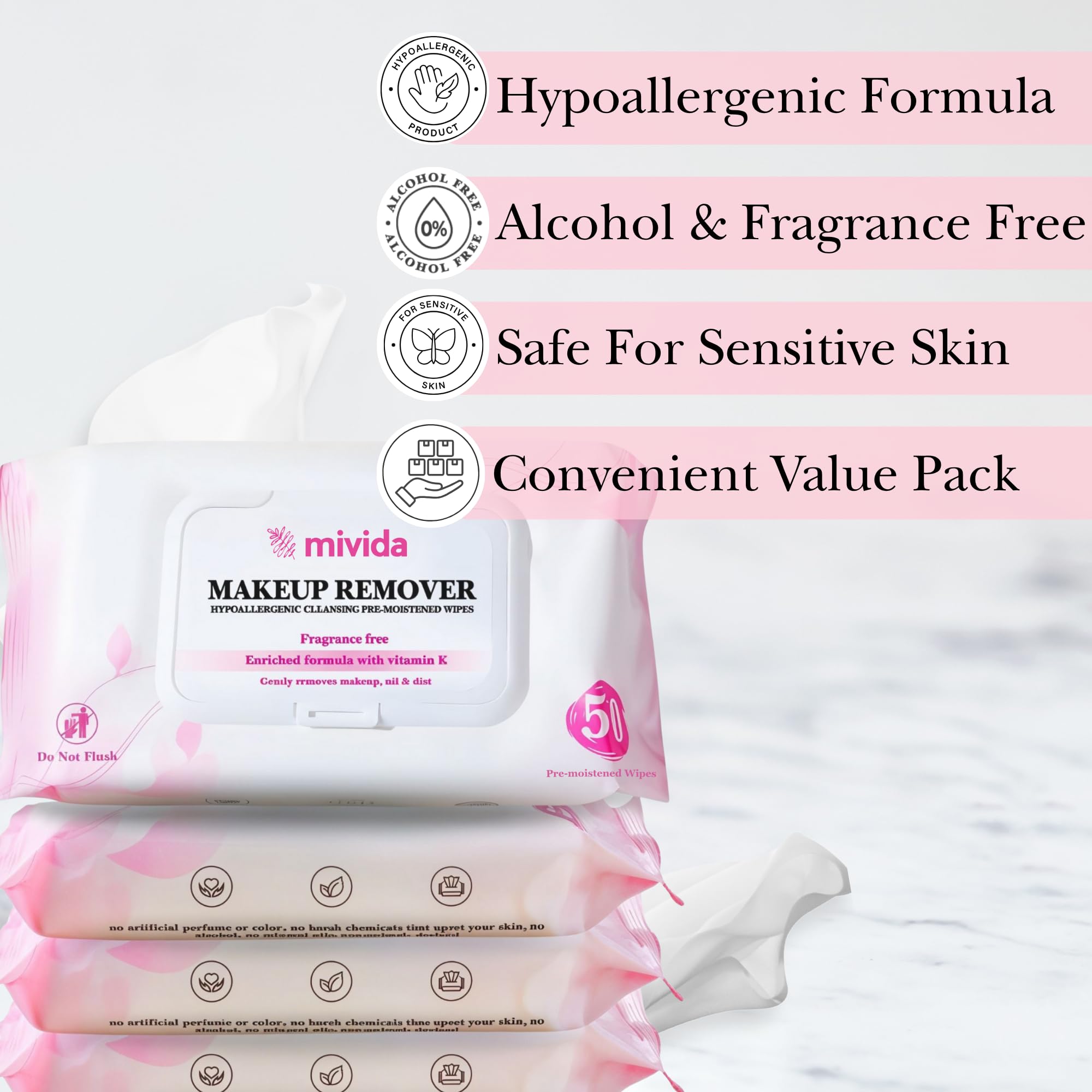 mivida fragrance-free wipes closeup reinforces gentle cleansing for sensitive skin.